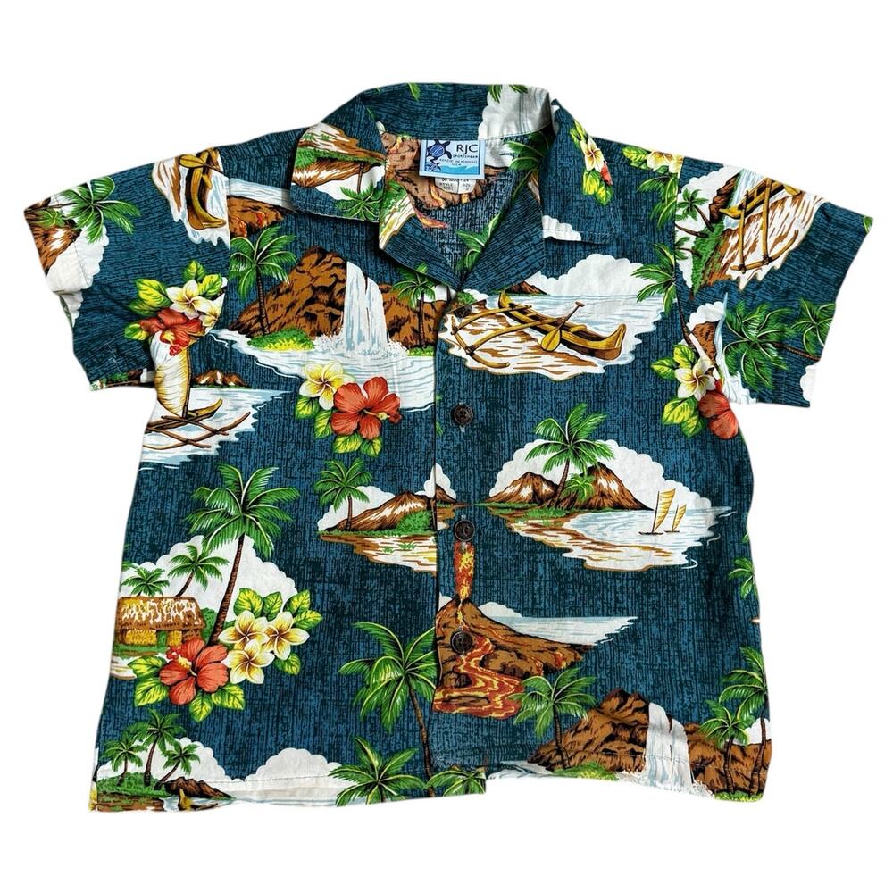 RJC Hawaiian Shirt Little Boys SIze 5 Volcano Boat Palm Tree 100% Cotton USA